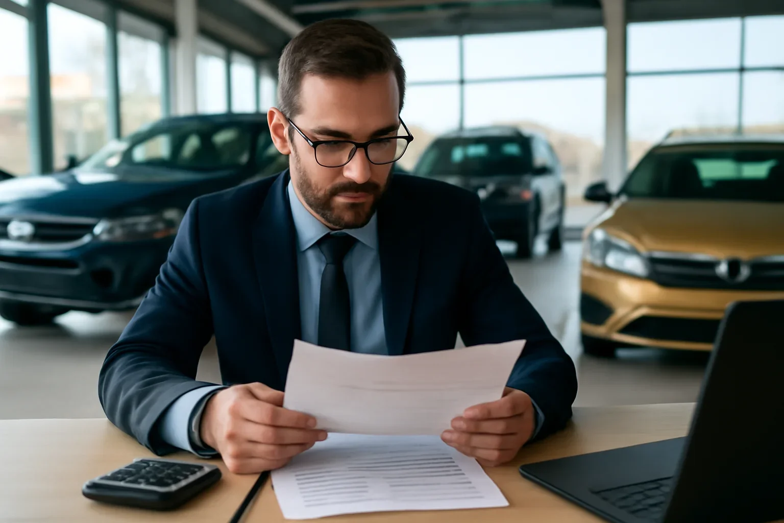 Car Dealership business owner reviewing financing options