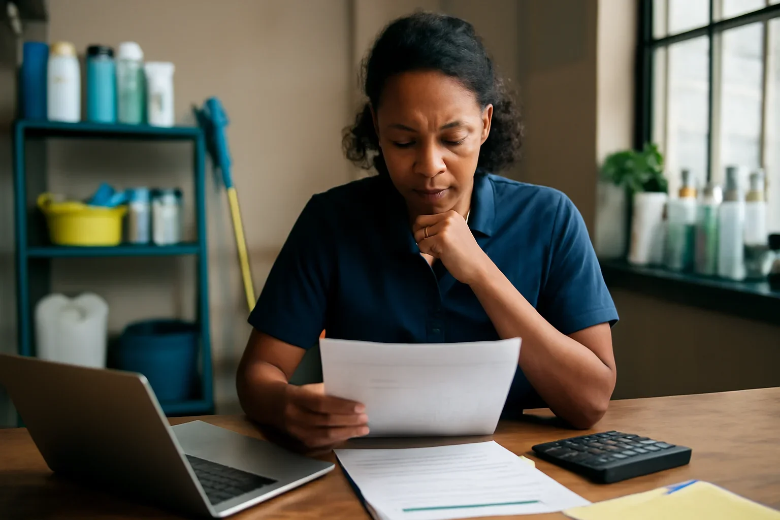 Cleaning business owner reviewing financing options