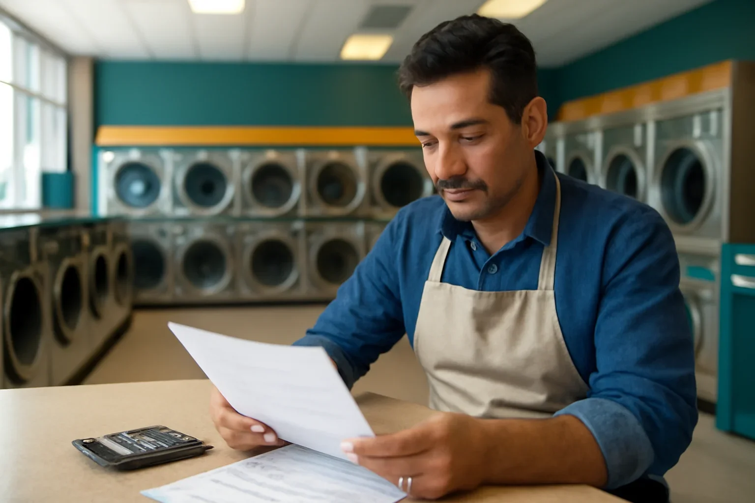 Laundromat business owner reviewing financing options