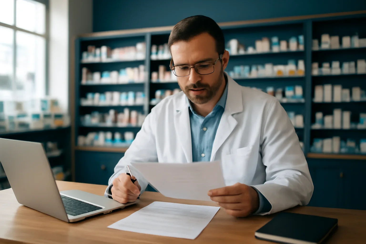 Pharmacy business owner reviewing financing options