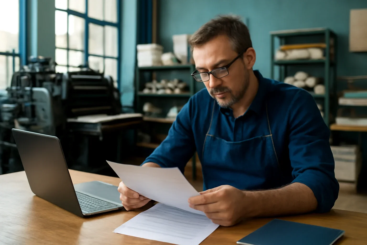 Printing business owner reviewing financing options