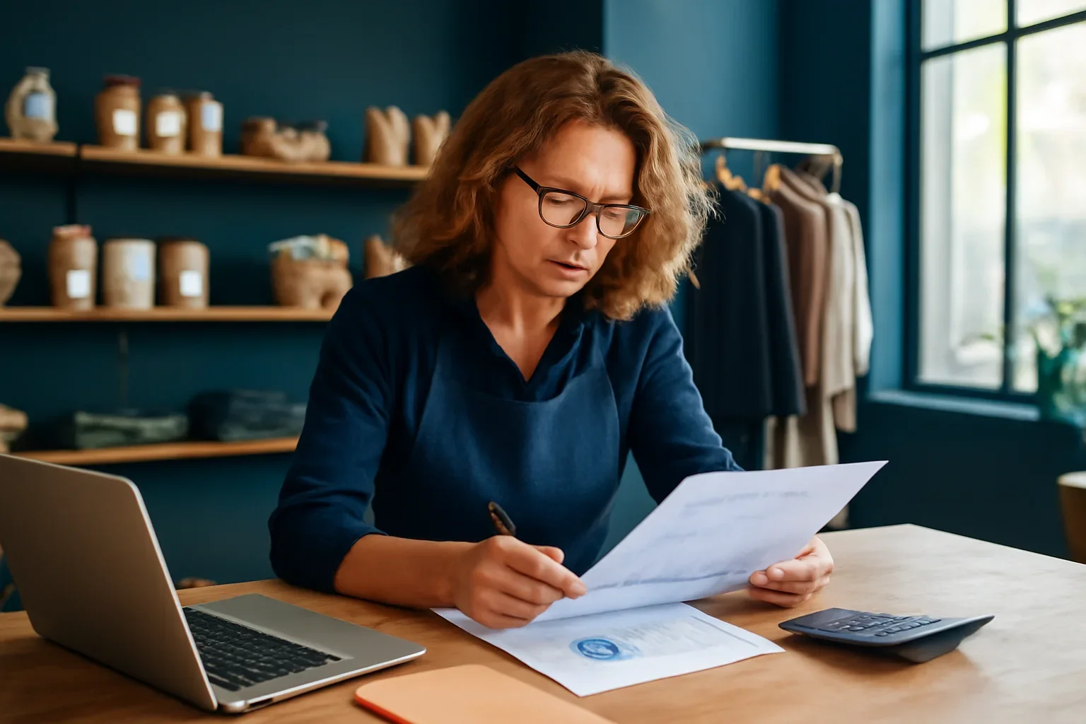 Retail business owner reviewing financing options